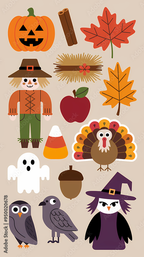 Fototapeta premium set of fall icons, sticker sheet, isolated on plain background 