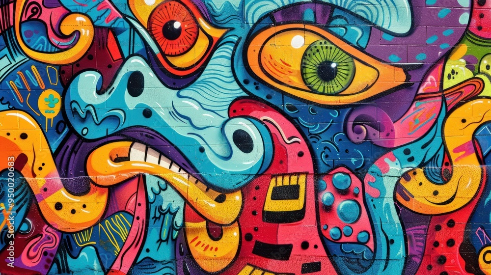 Abstract Graffiti Art on a Brick Wall with Multiple Eyes Abstract Graffiti Art on a Brick Wall with Multiple Eyes