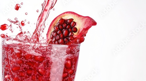 A pomegranate half with arils splashing into a clear glass filled with water, creating a dynamic and vibrant red splash against a white background.