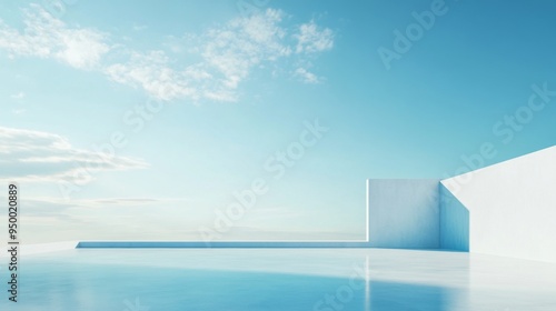 Minimalist outdoor architectural scene with white walls and blue sky background