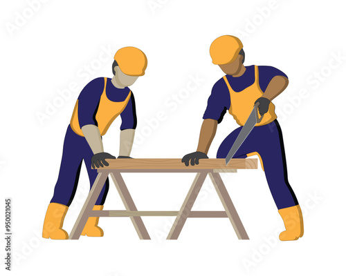 vector design of two male building construction workers in blue shirts with yellow helmets who are cutting wood using a saw