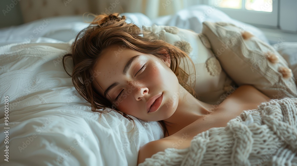 Obraz premium Serene Young Woman Napping on Comfortable Bed in Softly Lit Bedroom