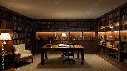 The quiet study was lined with bookshelves and a large wooden desk, a single lamp casting a warm glow over a half-finished manuscript. Background