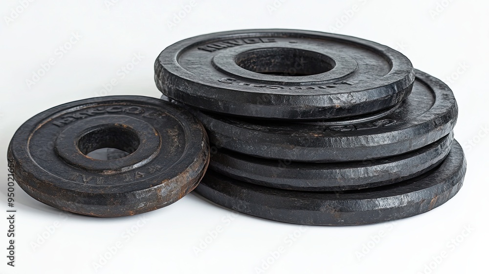 A set of weight plates of various sizes neatly stacked on a white background, creating a visually appealing composition. A set of weight plates of various sizes neatly stacked on a white background, creating a visually appealing composition.