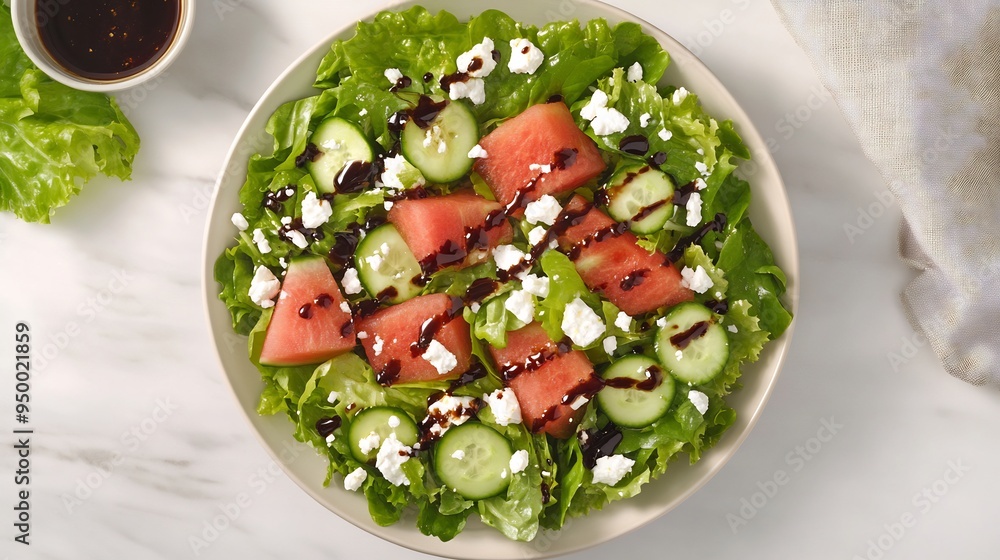 Topdown shot of fresh and colorful summer salad with watermelon cucumber feta cheese and a drizzle of balsamic vinaigrette Topdown shot of fresh and colorful summer salad with watermelon cucumber feta cheese and a drizzle of balsamic vinaigrette