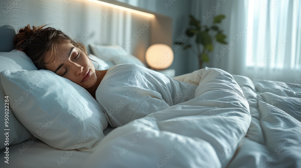 Tranquil Night: Hyper Realistic Image of Woman Asleep in Modern Minimalist Bedroom with Moonlight Glow Tranquil Night: Hyper Realistic Image of Woman Asleep in Modern Minimalist Bedroom with Moonlight Glow