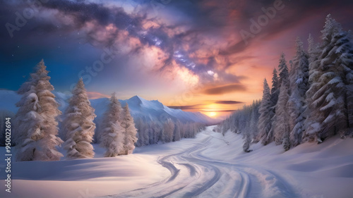 Wallpaper Mural A winding road through snow-covered trees, leading towards a vibrant sunrise with the Milky Way adorning the sky. Torontodigital.ca
