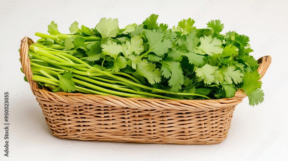 Fresh cilantro bunch in a woven basket, fresh cilantro, vibrant addition to various recipes Fresh cilantro bunch in a woven basket, fresh cilantro, vibrant addition to various recipes