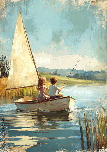 Children Fishing in a Boat on a Sunny Day photo