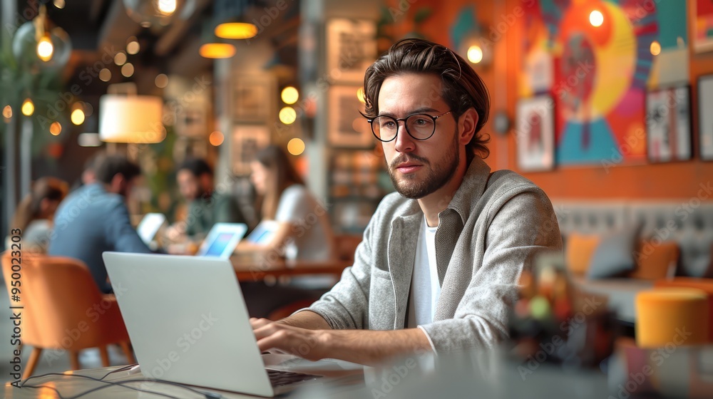 Obraz premium Modern Professional in Vibrant Coworking Space Working on Laptop among Diverse Group of Colleagues