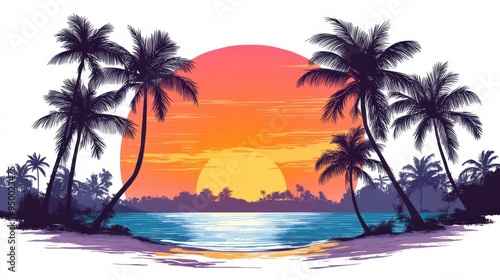 Vibrant beach sunset with palm trees, showcasing a serene landscape perfect for relaxation and inspiration.