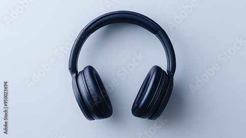 Wireless black headphones on a pure white background, top view, minimalist, studio photography, high contrast, product shot.