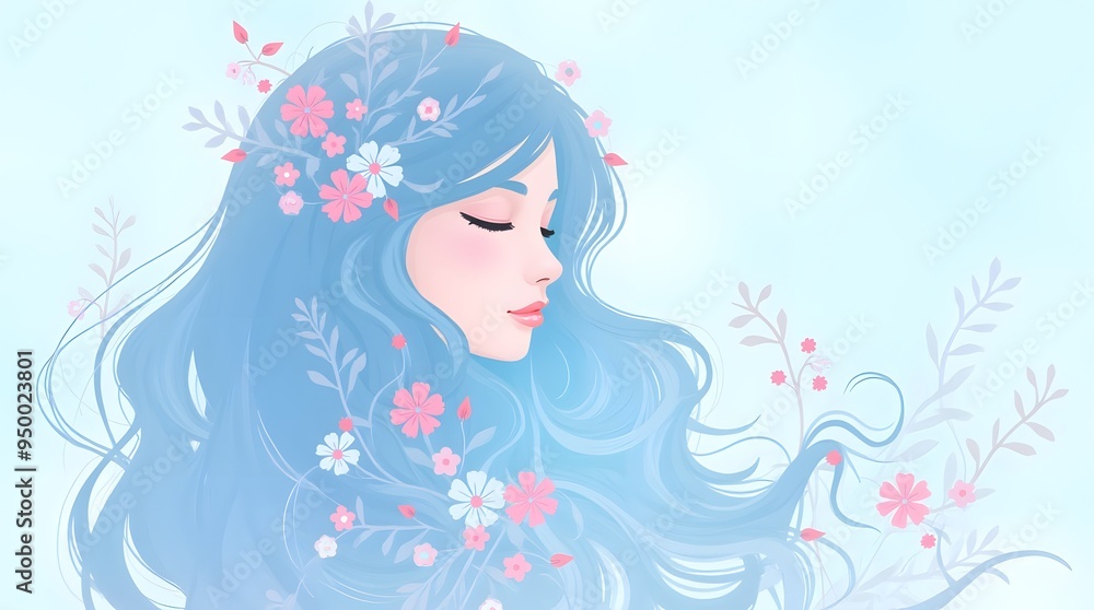 Serene illustration of woman with floral blue hair Serene illustration of woman with floral blue hair