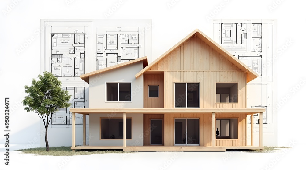 Two-story house construction blending 3D and blueprints Two-story house construction blending 3D and blueprints