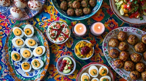 A vibrant Thanksgiving appetizer spread with colorful butternut squash bruschetta, deviled eggs, and turkey meatballs on an autumn-themed table