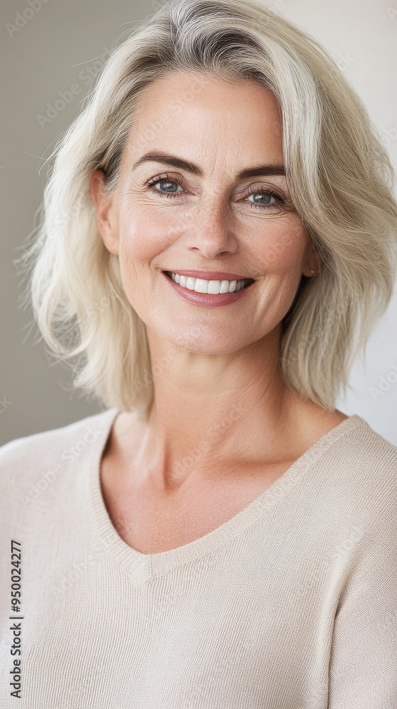 A mature woman with natural, radiant makeup, focusing on her warm smile and subtle wrinkles, embracing her age and beauty in a soft, natural light setting A mature woman with natural, radiant makeup, focusing on her warm smile and subtle wrinkles, embracing her age and beauty in a soft, natural light setting
