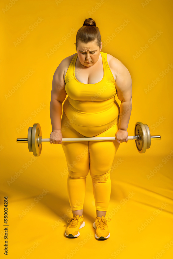 a woman in a yellow bodysuit holding two dumbbells. Her facial expression is one of determination a woman in a yellow bodysuit holding two dumbbells. Her facial expression is one of determination