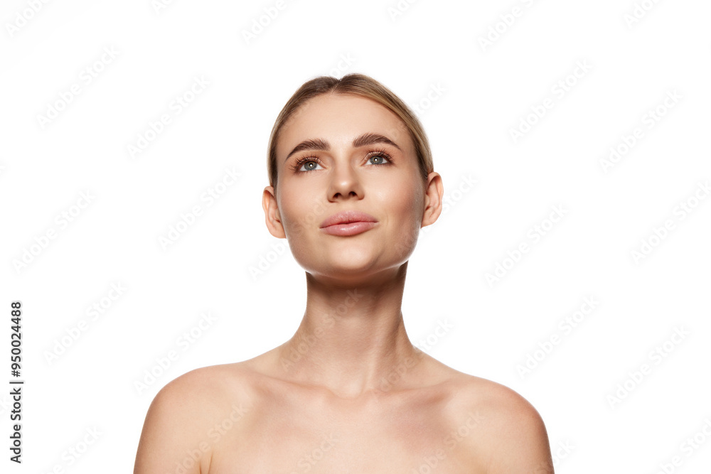 Portrait of attractive young woman demonstrating perfect face, cheekbones and and neck isolated on white studio background. Concept of beauty, plastic surgery, face lifting, face building Portrait of attractive young woman demonstrating perfect face, cheekbones and and neck isolated on white studio background. Concept of beauty, plastic surgery, face lifting, face building