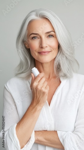 A mature woman with silver hair gently massaging a plant-based serum into her skin, showcasing timeless beauty and the benefits of natural skincare products
