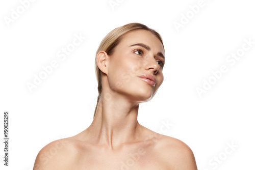 Success of effective skincare. Portrait of attractive young woman demonstrating perfect face, cheekbones and and neck. Concept of beauty, plastic surgery, face lifting, face building