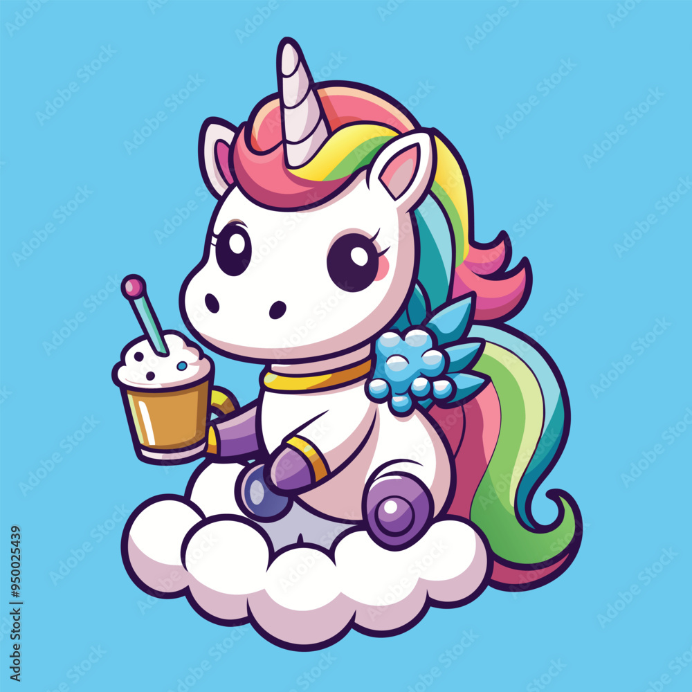 Cute Baby Unicorn Cartoon Style Vector on blue Background Cute Baby Unicorn Cartoon Style Vector on blue Background
