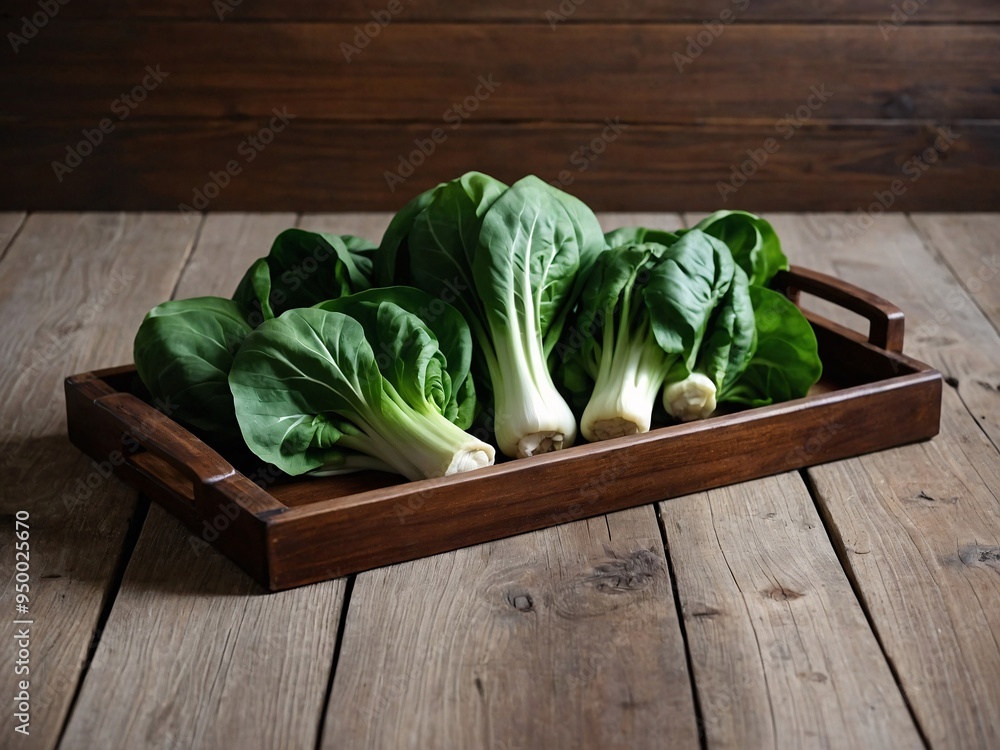 Bok Choy with Wooden Tray on Wood Background Bok Choy with Wooden Tray on Wood Background
