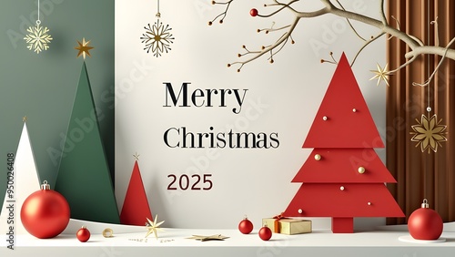 Festive Christmas 2025 Background with Stylized Trees and Snowflakes