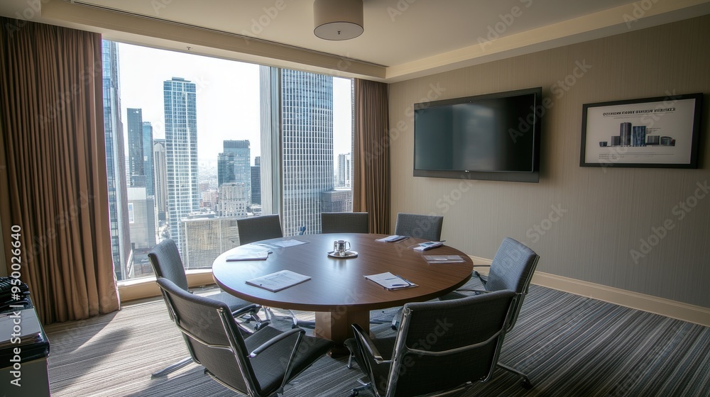 A comfortable round table surrounded by sleek chairs in a bright minimalist apartment, showcasing a large window with curtains and a mounted TV on the wall