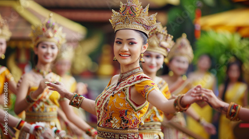 Traditional cambodian dancers in colorful attire, performing a cultural dance