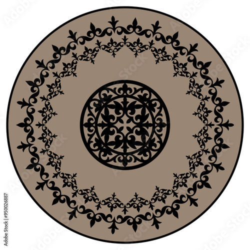 Islamic golden black Kazakh round ornament. Circle with ornament drawing of the great steppe. Patterns of the Turkic peoples, siberia and mongolia, Mongols, Kyrgyz, Kazakhs, Kalmyks, Buryats. Shanyrak