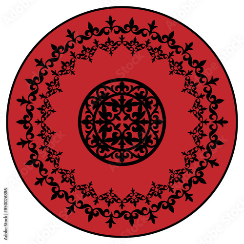 Islamic golden red Kazakh round ornament. Circle with ornament drawing of the great steppe. Patterns of the Turkic peoples, siberia and mongolia, Mongols, Kyrgyz, Kazakhs, Kalmyks, Buryats. Shanyrak 