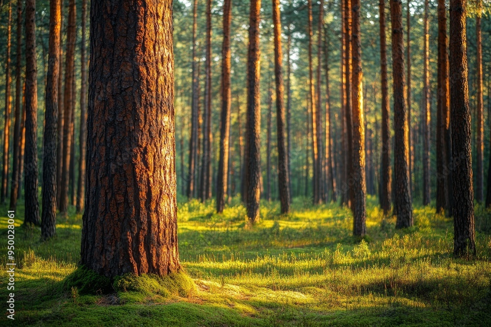 Fototapeta premium Pine forest with green lush blueberry grass in the background. Foreground in focus, background blurred.