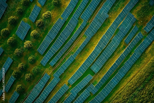 Drone shot of solar panel farm plant