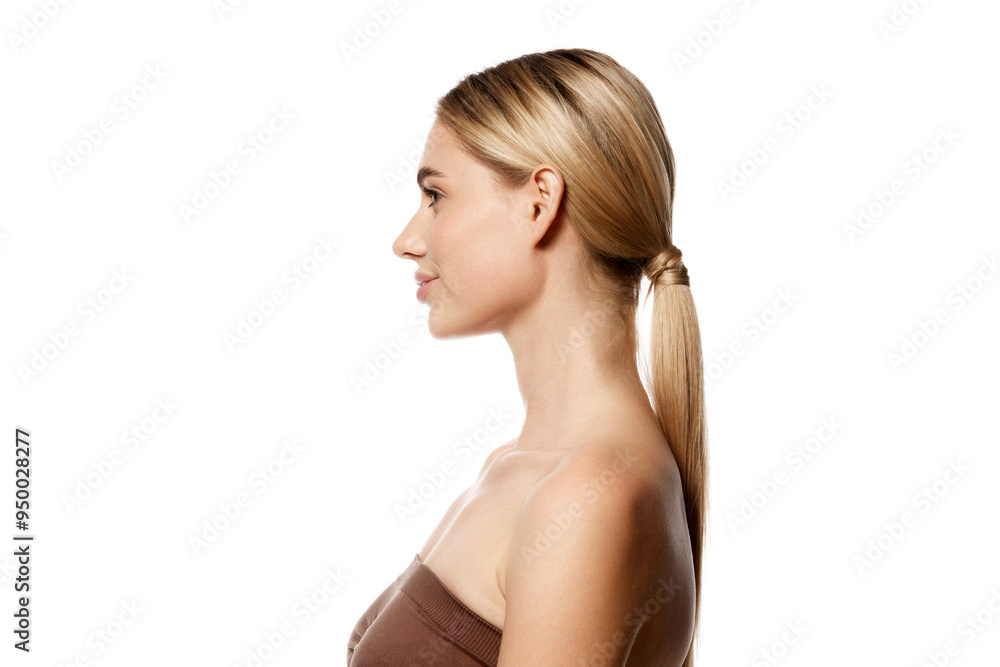 Side view portrait of young woman demonstrating isolated on white studio background. Perfect balance of skin care and natural beauty. Concept of beauty, skin and body care, spa, beauty procedures Side view portrait of young woman demonstrating isolated on white studio background. Perfect balance of skin care and natural beauty. Concept of beauty, skin and body care, spa, beauty procedures