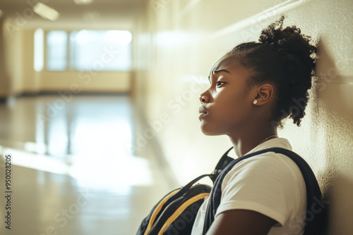 Sad african american teenage girl feeling lonely in high school hallway photo