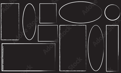 Hand drawn doodle grunge square highlights. Charcoal pen rectangle borders. Marker scratch scribble scrawl frames of freehand painted angular note . isolated on black background. EPS 10