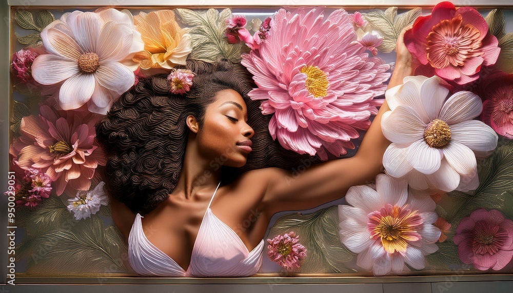 Naklejka premium A bas-relief depicting flowers, an aesthetic view of a woman partially floating out of frame
