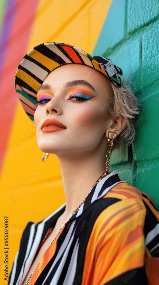 Fototapeta premium A nonbinary person with vibrant makeup and eclectic fashion choices, standing confidently against a colorful street mural, expressing creative self-expression