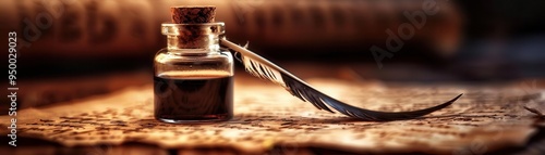 Quill pen with an inkwell on parchment, classic and elegant, Vintage, Sepia, Photograph, Writing tradition photo