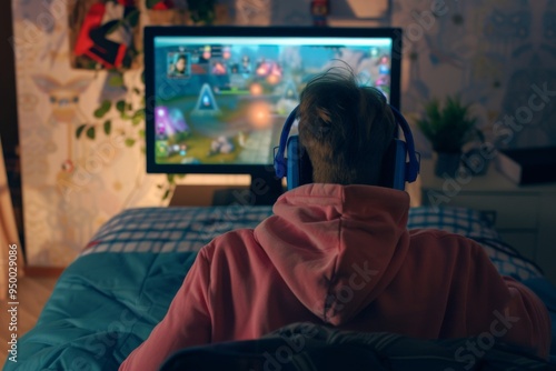 A man is playing a video game on a computer monitor. He is wearing headphones and a pink hoodie photo