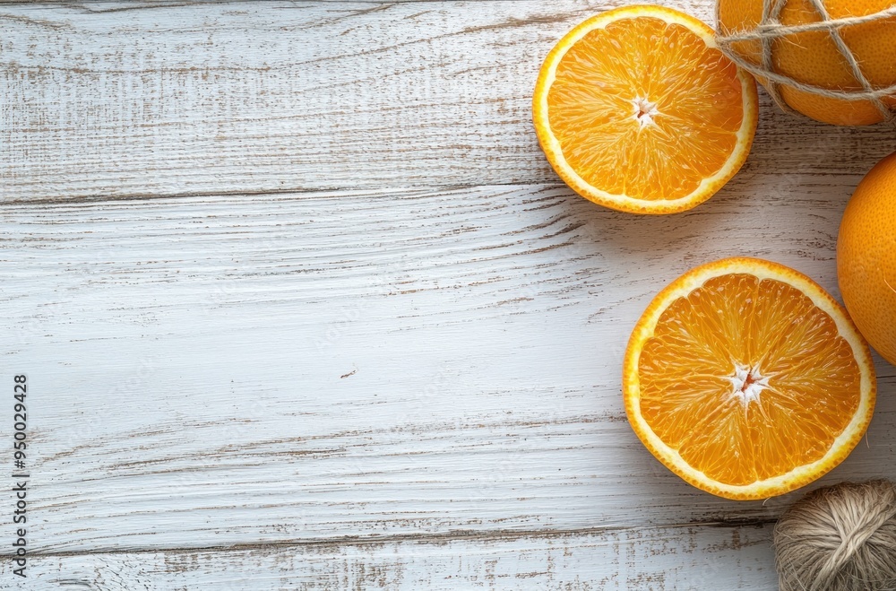 Fresh Sliced Oranges on a White Wooden Background Fresh Sliced Oranges on a White Wooden Background