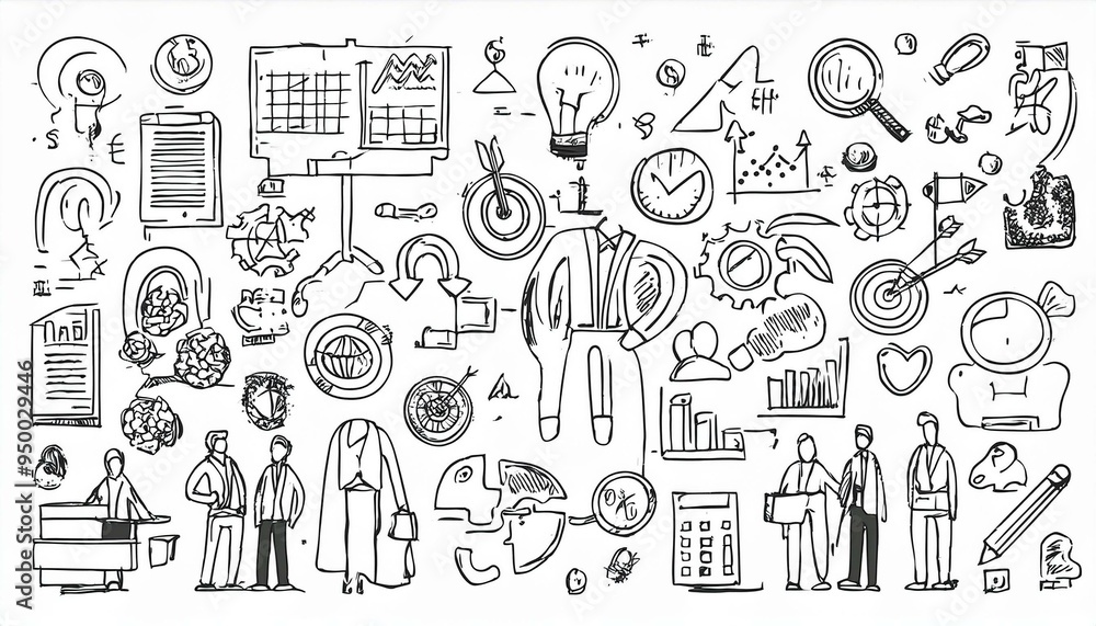 A doodle business icon set. Business strategy, finance, office people teamwork concept. Target, puzzle, chart element. Modern hand drawn sketch style illustration. A doodle business icon set. Business strategy, finance, office people teamwork concept. Target, puzzle, chart element. Modern hand drawn sketch style illustration.