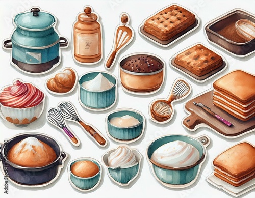 A digital sticker set featuring watercolor illustrations of baking utensils, cakes, cookies, mixing bowls, and more