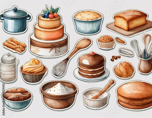 A digital sticker set featuring watercolor illustrations of baking utensils, cakes, cookies, mixing bowls, and more