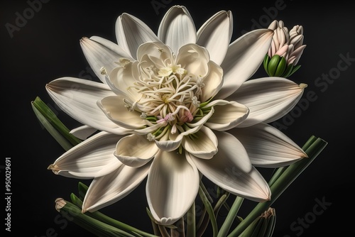 Beautiful white lilies on solid color background, closeup. Floral decor. ai generative