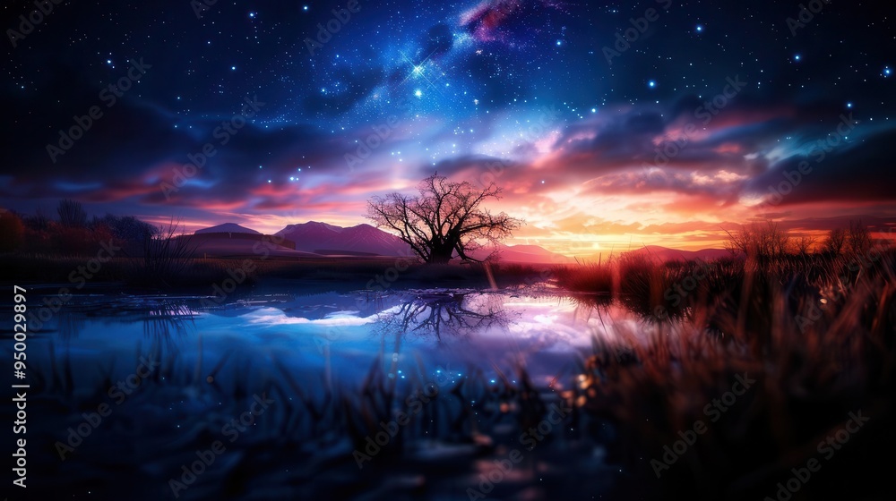 Starry night sky over a quiet landscape, serene and awe-inspiring, Nature, Cool blues, Photograph, Celestial beauty Starry night sky over a quiet landscape, serene and awe-inspiring, Nature, Cool blues, Photograph, Celestial beauty