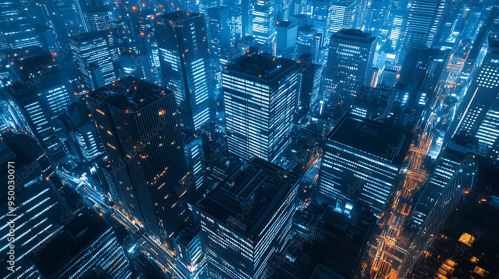 Modern skyscraping city towers and buildings illuminated at night timelapse during the blue hour aerial rooftop view Modern skyscraping city towers and buildings illuminated at night timelapse during the blue hour aerial rooftop view