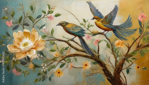 A picture in abstract artistic style. A vintage illustration, flowers, branches, birds, golden brushstrokes. Oil on canvas. A picture in abstract artistic style. A picture in abstract artistic style. photo