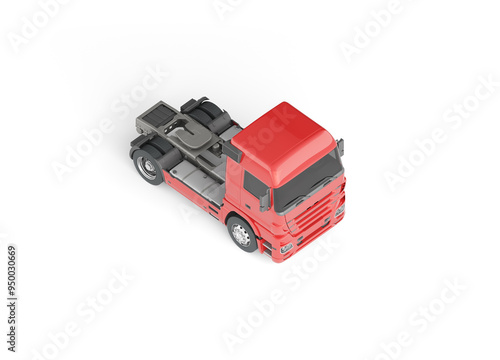 A truck model with a red cab without a trailer. 3d illustration. The orthogonal view. The image is highlighted on a white background