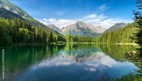 A serene mountain landscape with a reflective lake, surrounded by picturesque mountains and trees, illustrating nature's serene beauty